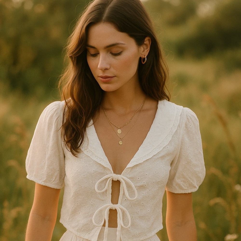 Women’s Cream Eyelet Tie-Front Top
